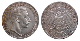 GERMANIA - PRUSSIA - GUGLIELMO II (1888-1918) 3 MARKS 1910 A - D/Testa nuda a d. R/Aquila spiegata - Ar - J.103 SPL