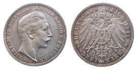 GERMANIA - PRUSSIA - GUGLIELMO II (1888-1918) 3 MARKS 1912 A - D/Testa nuda a d. R/Aquila spiegata - Ar - J.103 SPL