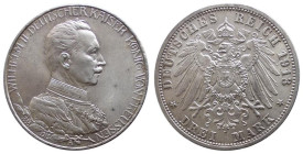 GERMANIA - PRUSSIA - GUGLIELMO II (1888-1918) 3 MARKS 1913 A - Giubileo - D/Busto in uniforme a d. R/Aquila spiegata - Ar - J.112 FDC