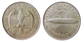 GERMANIA - WEIMAR REPUBLIC (1919-1933) 3 MARKS 1930 D - D/Aquila spiegata R/Il dirigibile Zeppelin - Ar - J.342 qFDC