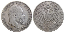 GERMANIA - WURTTEMBERG - WILHELM II (1891-1918) 5 MARKS 1892 F - D/Testa nuda a d. R/Aquila spiegata - Ar - KM 632 BB