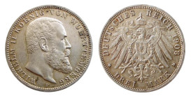 GERMANIA - WURTTEMBERG - GUGLIELMO II (1908) 3 MARKS 1908 F - D/Testa nuda a d. R/Aquila spiegata - Ar - J.175 SPL