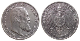 GERMANIA - WÜRTTEMBERG - GUGLIELMO II (1891-1918) 3 MARKS 1909 F - D/Testa nuda a d. R/Aquila spiegata - Ar - J.175 qSPL