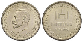 LITUANIA - REPUBBLICA (1936 ) 10 LITU 1938 - 20th anniversario della Repubblica - D/Testa nuda a s.del presidente Smetona R/Colonne di Gediminas LIETU...