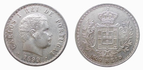 PORTOGALLO - CARLO I (1889-1908) 500 REIS 1899 - D/Testa a d. R/Stemma coronato entro rami - Ar - KM,535 SPL+