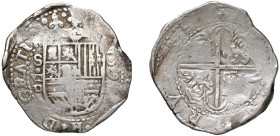 SPAGNA - SIVIGLIA - FILIPPO II (1556-1598) 8 REALI 159(?) - gr.27,3 - Ø mm.40,5 - D/ Stemma con a s. S●VII D e a destra 159(?) R/La croce semplice con...