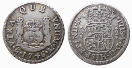 SPAGNA - FILIPPO V (1700-1746) 2 REALES 1746 - Mexico - D/Stemma coronato con ai lati R 2 R/Le colonne d'Ercole con al centro i due emisferi dl globo ...