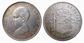 SPAGNA - ALFONSO XIII (1886-1931) 5 PESETAS 1888 MPM - D/Busto nudo a s. R/Stemma coronato affiancato dalle colonne d'ercole - Ar - Yeom.82; Dav.342; ...