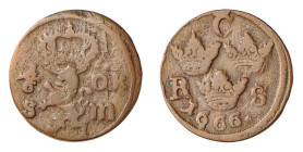 SVEZIA - CARLO XI (1660-1697) 1/6 ÖRE 1666 - D/Leoncino rampante a s con sopra la corona R/In alto CI con sotto 3 corone R - S, in basso 1666 - Ae - K...