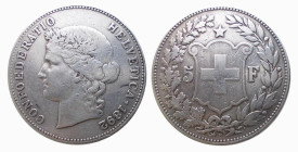 SVIZZERA - CONFEDERAZIONE (1892) 5 FRANCS 1892 - Berne - D/Testa dell'Helvetia a s. R/Croce entro targa tra rami d'alloro e quercia - Ar - KM,34 BB
