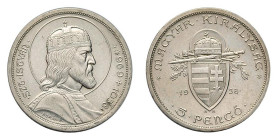 UNGHERIA - REPUBBLICA (1938) 5 PENGO 1938 - 900th anniversario della morte del Santo - D/Busto di S. Stefano a d. R/Stemma coronato - Ar - KM,516 qFDC