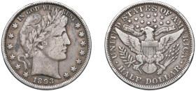 UNITED STATES OF AMERICA - ANNO 1893 MEZZO DOLLARO "Barber" - Philadelphia - D/Testa laureata della Libertà a d. R/Aquila spiegata rivolta a s. - Ar -...