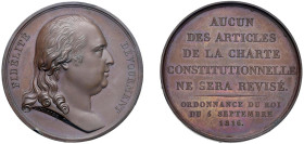 LUIGI XVIII (1816) CONFERMA DELLA CARTA COSTITUZIONALE - MEDAGLIA AE - Ø mm.40,4 - D/Busto del re a d. FEDELITE DEVOUEMENT. Nel taglio della spalla AN...
