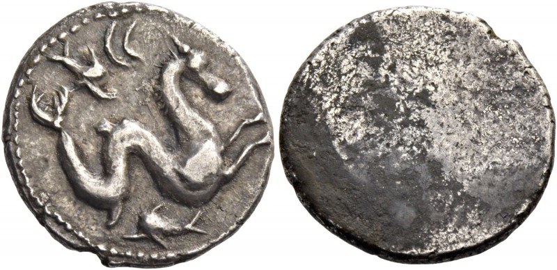 Etruria, Lucca. 10 units III century, AR 4.26 g. Hippocamp r.; below, dolphin an...