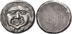 Populonia. 20 units after 211, AR 8.59 g. Gorgoneion; below, X:X. Rev. Blank. Vecchi, Rasna 51.6 (this coin). Vecchi 58.1 (this coin). SNG Lockett 40 ...