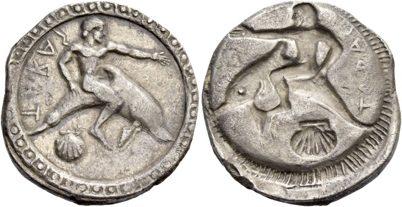 Calabria, Tarentum. Nomos circa 510-495, AR 7.92 g. TARAS retrograde Oecist seat...