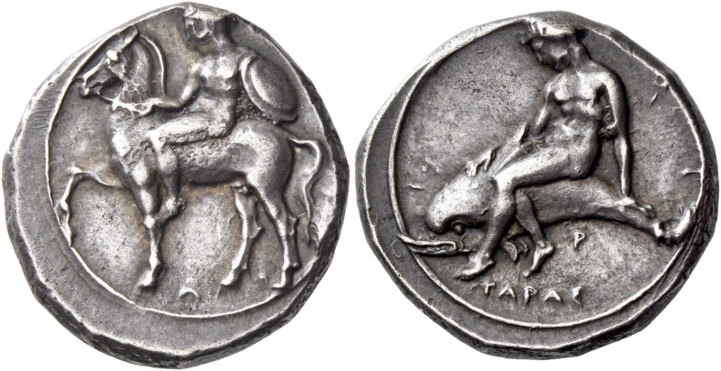 Calabria, Tarentum. Nomos circa 390-385, AR 7.88 g. Horseman l., holding reins w...