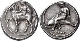 Calabria, Tarentum. Nomos circa 390-385, AR 7.88 g. Horseman l., holding reins with r. hand and shield with l.; below, A. Rev. ΤΑΡΑΣ Dolphin rider l.,...
