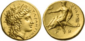 Calabria, Tarentum. Half stater circa 333-331/0, AV 4.26 g. TAPANTINΩN Head of Hera r., wearing stephane, triple-pendant earring and necklace; in l. f...
