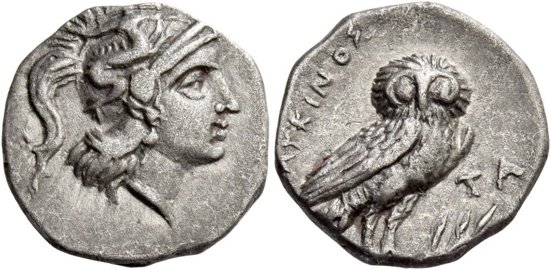 Calabria, Tarentum. Drachm circa 280-272, AR 3.32 g. Head of Athena r. wearing c...