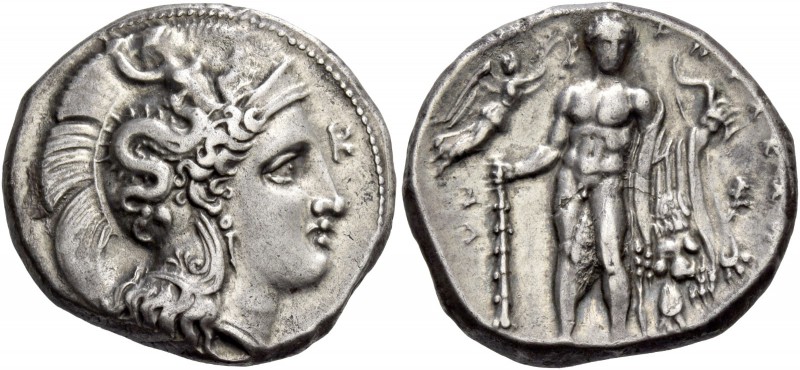 Lucania, Heraclea. Nomos circa 330-320, AR 7.90 g. Head of Athena r., wearing he...