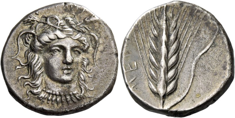 Metapontum. Nomos circa 400-340, AR 7.75 g. Facing head of Demeter, slightly r.,...