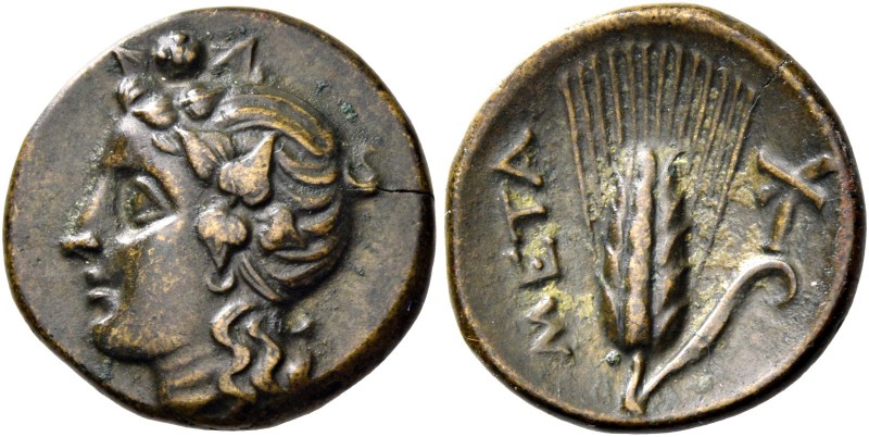 Metapontum. Bronze circa 300-275, Æ 2.54 g. Ivy-wreathed head of Dionysus l. Rev...