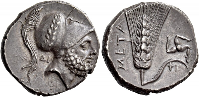 Metapontum. Nomos circa 290-280, AR 7.85 g. Bearded head of Leucippus r., wearin...