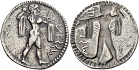 Poseidonia. Drachm circa 530-500, AR 3.34 g. fiis in Archaic Greek; Poseidon advancing r., naked but for chlamys over shoulders, brandishing trident. ...