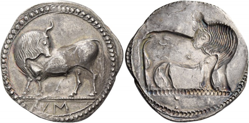 Sybaris. Nomos circa 550-510, AR 8.35 g. Bull standing l. on dotted exergual lin...