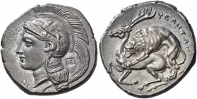 Velia. Nomos circa 290-280/275, AR 7.57 g. Head of Athena l., wearing crested Attic helmet decorated with Pegasus; above visor, [A], below the neck, Φ...