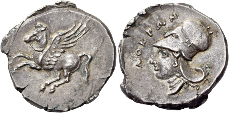 Locri Epizephyrii. Stater circa 350-275, AR 8.51 g. Pegasus flying l. Rev. ΛOKPΩ...