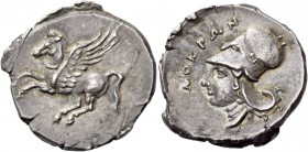 Locri Epizephyrii. Stater circa 350-275, AR 8.51 g. Pegasus flying l. Rev. ΛOKPΩN Head of Athena l., wearing Corinthian helmet. Calciati 10. SNG Oxfor...