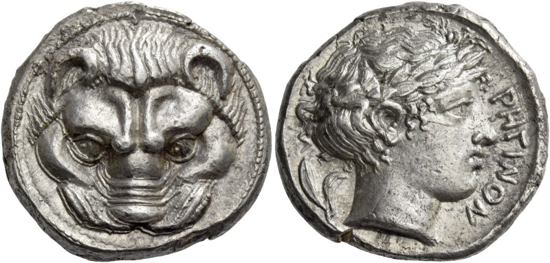 Rhegium. Tetradrachm circa 420-410, AR 17.09 g. Lion mask facing. Rev. PEΓINOΣ L...