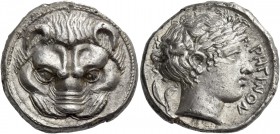 Rhegium. Tetradrachm circa 420-410, AR 17.09 g. Lion mask facing. Rev. PEΓINOΣ Laureate head of Apollo r.; behind, olive sprig. Herzfelder 83. SNG Abe...