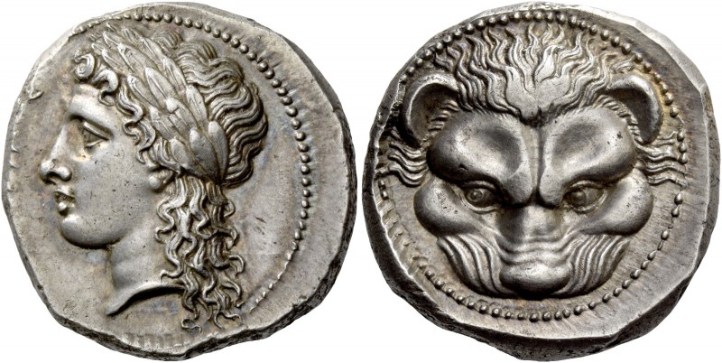 Rhegium. Tetradrachm circa 300-280, AR 17.29 g. [PHΓINOΣ] Laureate head of Apoll...