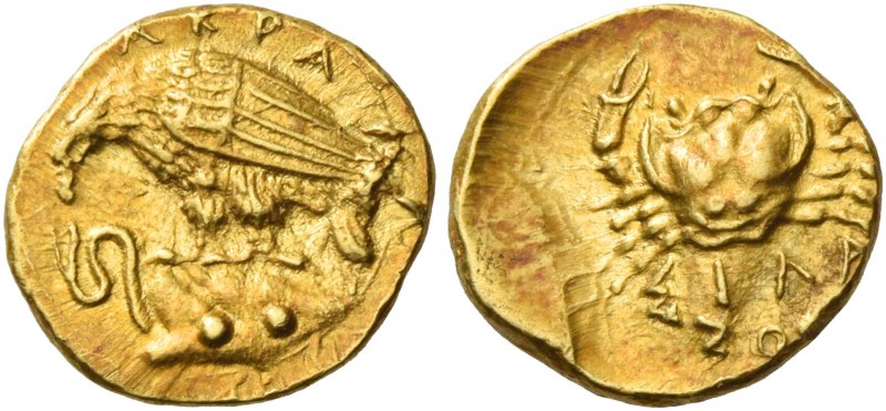 Sicily, Agrigentum. Diobol circa 409-406, AV 1.32 g. AKPA Eagle standing l. on r...