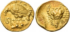 Sicily, Agrigentum. Diobol circa 409-406, AV 1.32 g. AKPA Eagle standing l. on rock devouring serpent. On rock, two pellets. Rev. Crab; below, ΣIΛA / ...