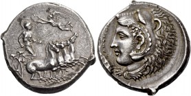 Camarina. Tetradrachm circa 425-405, AR 16.82 g. Fast quadriga driven r. by helmeted Athena, holding reins and kentron; above the horses Nike flying l...