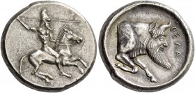 Gela. Didrachm circa 490/485-480-475, AR 8.68 g. Naked and helmeted rider on prancing horse r., wielding spear in raised r. hand, l. arm behind horse'...