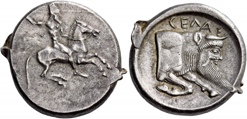 Gela. Didrachm circa 490/485-480-475, AR 8.63 g. Naked horseman r., hurling jave...