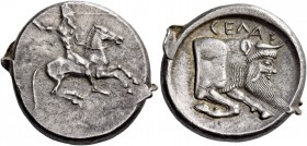 Gela. Didrachm circa 490/485-480-475, AR 8.63 g. Naked horseman r., hurling javelin from upraised r. hand. Rev. CEΛΑΣ Forepart of man-headed bull (the...
