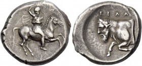 Gela. Didrachm circa 420-415, AR 8.76 g. Rider galloping r., wearing Phrygian helmet, short chiton and chlamys, hurling javelin from upraised r. hand....