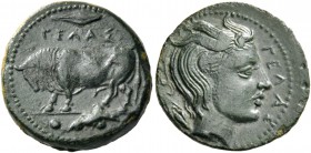 Gela. Tetras circa 415-404, Æ 3.41 g. ΓΕΛΑΣ Bull standing l.; above, barley grain and in exergue, three pellets. Rev. ΓΕΛΑΣ Head of river-god r. with ...