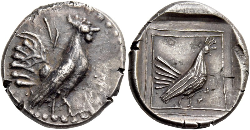 Himera. Chalcidian drachm circa 515-500, AR 5.39 g. Cockerel standing r. Rev. He...
