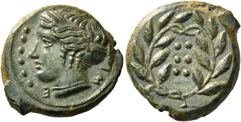 Himera. Hemilitra circa 415-409, Æ 4.71 g. IM – E Head of nymph l., wearing sphe...