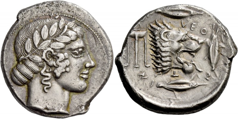Leontini. Tetradrachm circa 460-450, AR 17.24 g. Laureate head of Apollo r., hai...
