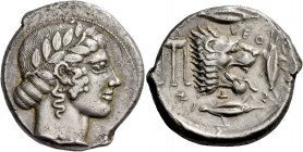 Leontini. Tetradrachm circa 460-450, AR 17.24 g. Laureate head of Apollo r., hair rolled behind neck. Rev. LEO – N – T – IN – ON Lion's head r., with ...