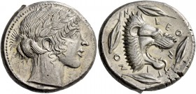 Leontini. Tetradrachm circa 455-450, AR 17.38 g. Laureate head of Apollo r. Rev. LEO – N – TI – NO – N Lion's head r., with jaws open and tongue protr...