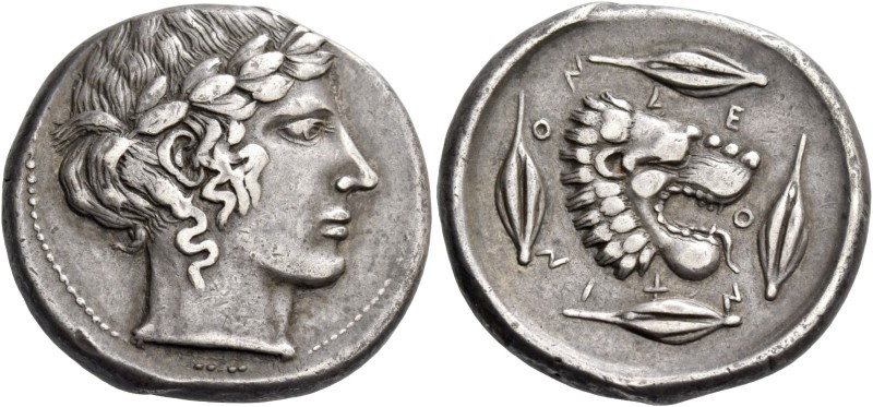 Leontini. Tetradrachm circa 440-435, AR 17.02 g. Laureate head of Apollo r. Rev....